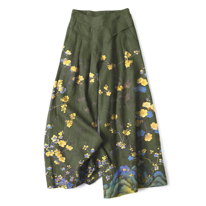 Buddha Stones Pantaloni da donna a gamba larga con elastico in vita e tasche, in cotone e lino, con fantasia floreale gialla vintage. - Verde oliva scuro - US16, UK/AU20, EU48 (3XL) - image 4