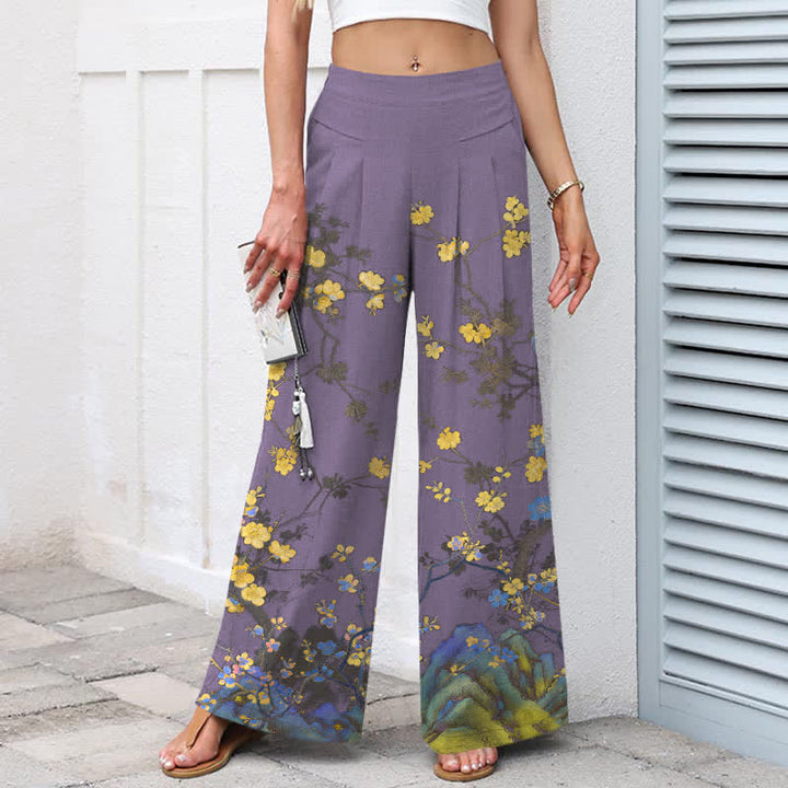 Buddha Stones Pantaloni da donna a gamba larga con elastico in vita e tasche, in cotone e lino, con fantasia floreale gialla vintage. - image 7
