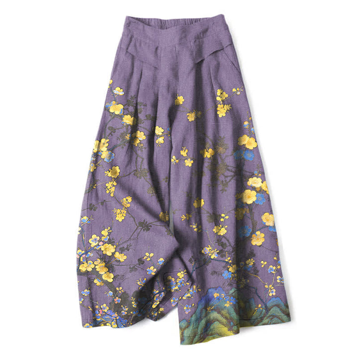 Buddha Stones Pantaloni da donna a gamba larga con elastico in vita e tasche, in cotone e lino, con fantasia floreale gialla vintage. - Viola medio - US16, UK/AU20, EU48 (3XL) - image 6