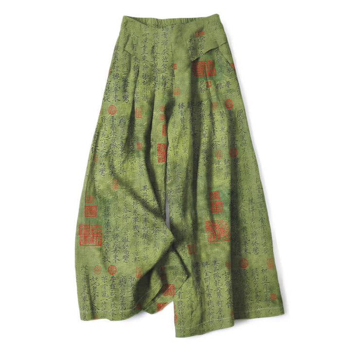 Buddha Stones Pantaloni da donna in cotone e lino con elastico in vita e gamba larga, fantasia vintage a scritta, con tasche. - Verde oliva - US16, UK/AU20, EU48 (3XL) - image 0