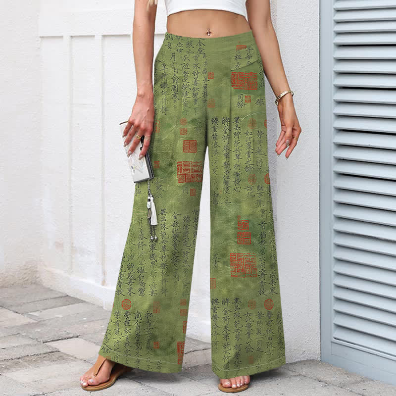 Buddha Stones Pantaloni da donna in cotone e lino con elastico in vita e gamba larga, fantasia vintage a scritta, con tasche. - image 1