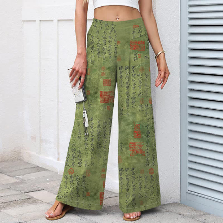 Buddha Stones Pantaloni da donna in cotone e lino con elastico in vita e gamba larga, fantasia vintage a scritta, con tasche. - image 1