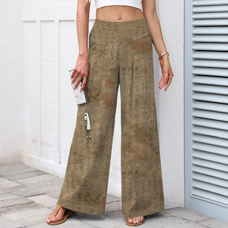 Buddha Stones Pantaloni da donna in cotone e lino con elastico in vita e gamba larga, fantasia vintage a scritta, con tasche. - image 5