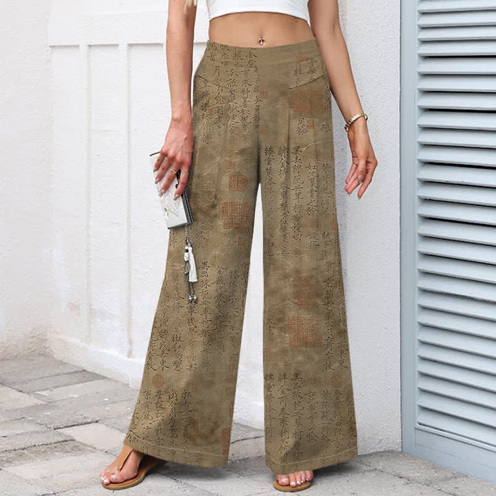 Buddha Stones Pantaloni da donna in cotone e lino con elastico in vita e gamba larga, fantasia vintage a scritta, con tasche. - image 5