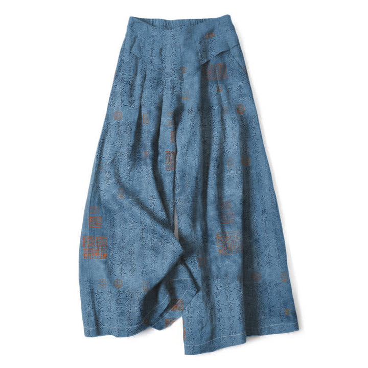Buddha Stones Pantaloni da donna in cotone e lino con elastico in vita e gamba larga, fantasia vintage a scritta, con tasche. - SteelBlue - US16, UK/AU20, EU48 (3XL) - image 6