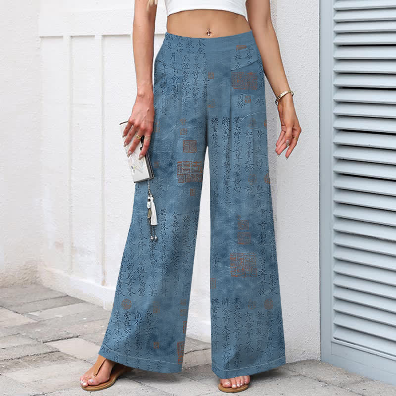 Buddha Stones Pantaloni da donna in cotone e lino con elastico in vita e gamba larga, fantasia vintage a scritta, con tasche. - image 7