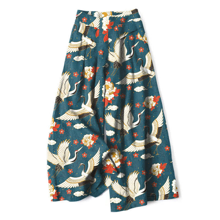 Buddha Stones Pantaloni da donna in cotone e lino con elastico in vita e gamba larga, fantasia a fiori di gru, con tasche. - Verde acqua - US16, UK/AU20, EU48 (3XL) - image 0