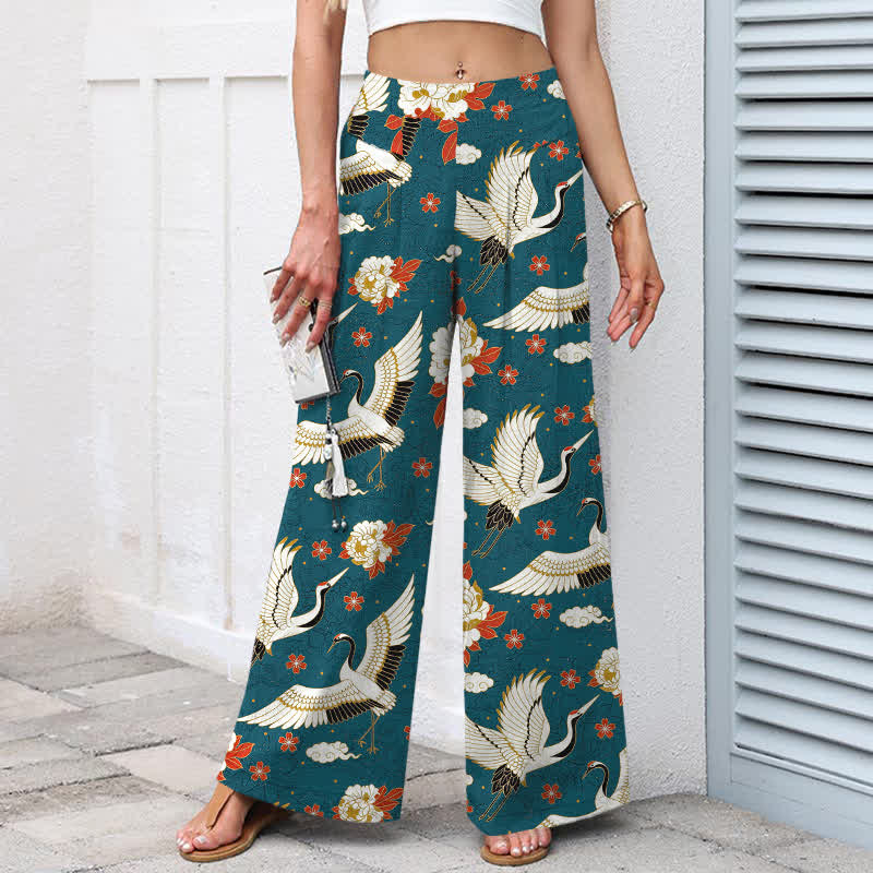 Buddha Stones Pantaloni da donna in cotone e lino con elastico in vita e gamba larga, fantasia a fiori di gru, con tasche. - image 1