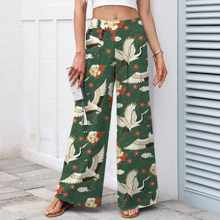 Buddha Stones Pantaloni da donna in cotone e lino con elastico in vita e gamba larga, fantasia a fiori di gru, con tasche. - image 5
