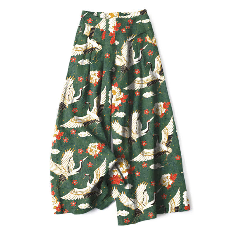 Buddha Stones Pantaloni da donna in cotone e lino con elastico in vita e gamba larga, fantasia a fiori di gru, con tasche. - Verde oliva scuro - US16, UK/AU20, EU48 (3XL) - image 4