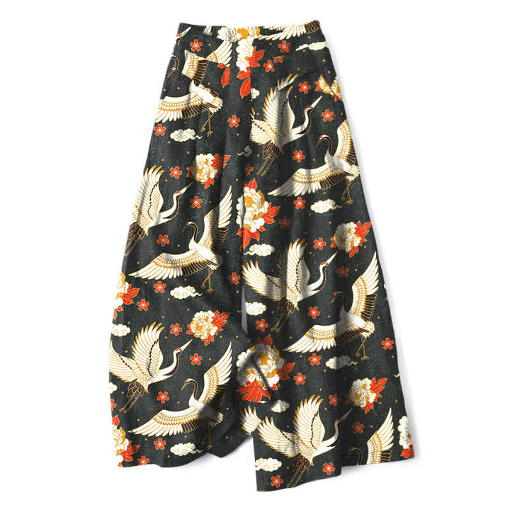 Buddha Stones Pantaloni da donna in cotone e lino con elastico in vita e gamba larga, fantasia a fiori di gru, con tasche. - Nero - US16, UK/AU20, EU48 (3XL) - image 6