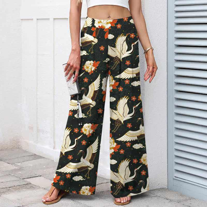 Buddha Stones Pantaloni da donna in cotone e lino con elastico in vita e gamba larga, fantasia a fiori di gru, con tasche. - image 7