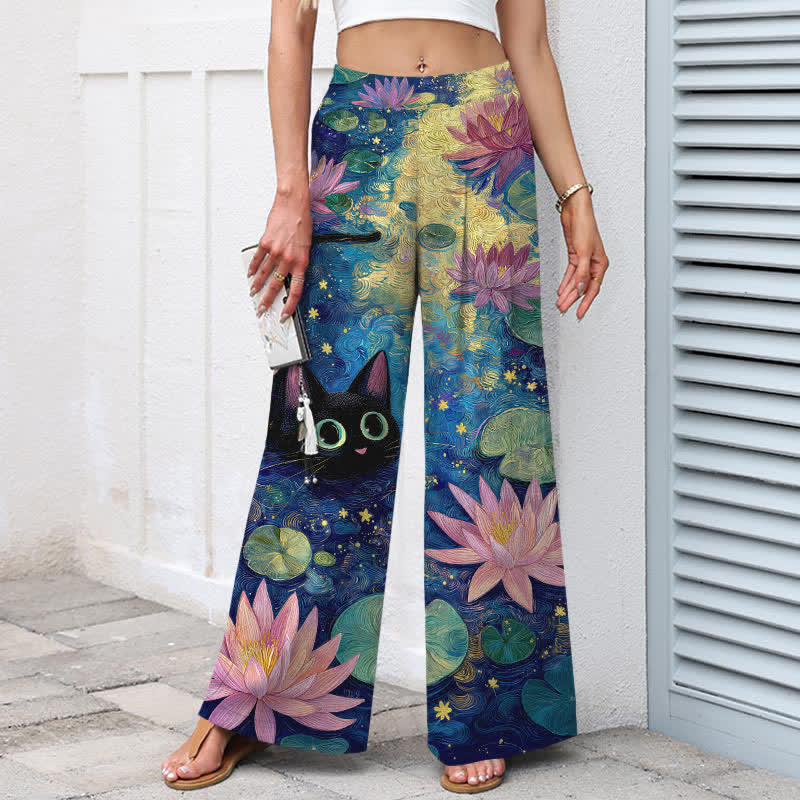 Buddha Stones Pantaloni da donna in cotone e lino con elastico in vita e gamba larga, fantasia floreale con gatto e loto, con tasche. - image 1