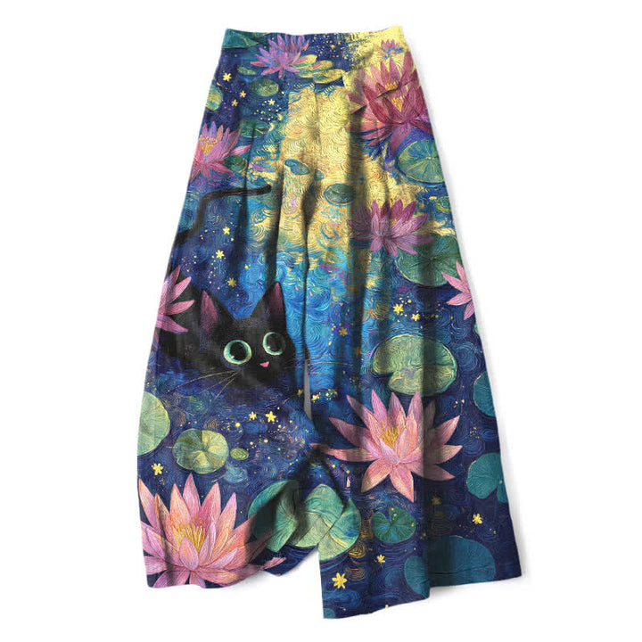 Buddha Stones Pantaloni da donna in cotone e lino con elastico in vita e gamba larga, fantasia floreale con gatto e loto, con tasche. - Marina - US16, UK/AU20, EU48 (3XL) - image 0