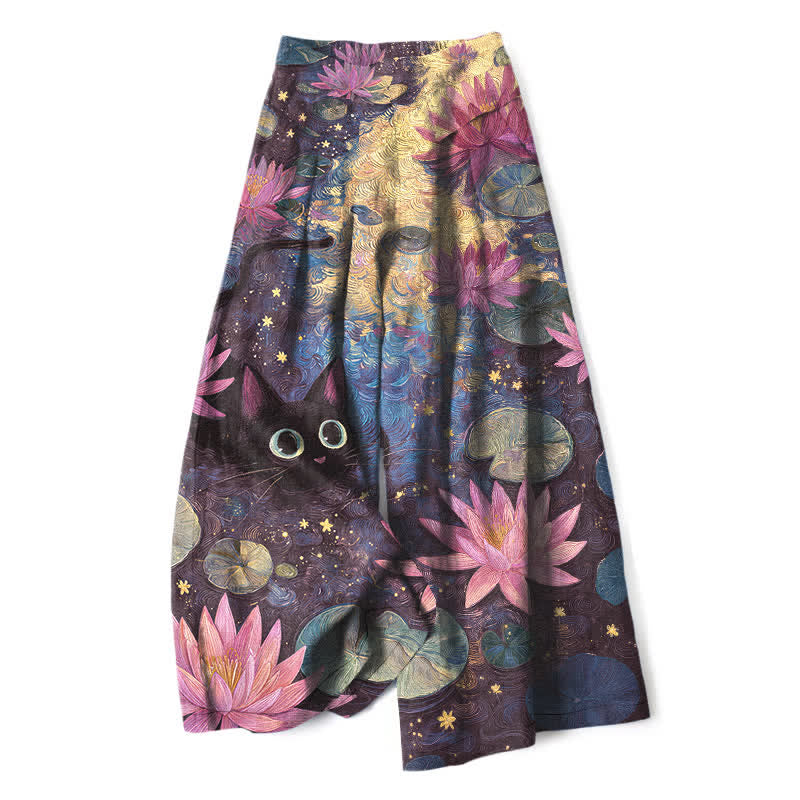 Buddha Stones Pantaloni da donna in cotone e lino con elastico in vita e gamba larga, fantasia floreale con gatto e loto, con tasche. - Blu ardesia scuro - US16, UK/AU20, EU48 (3XL) - image 4