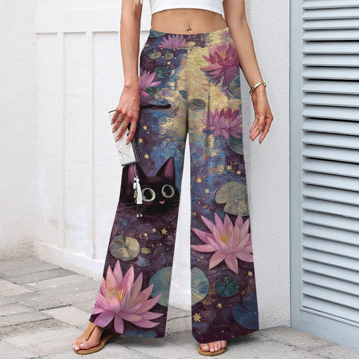 Buddha Stones Pantaloni da donna in cotone e lino con elastico in vita e gamba larga, fantasia floreale con gatto e loto, con tasche. - image 5