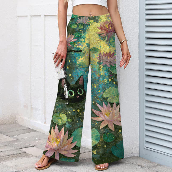 Buddha Stones Pantaloni da donna in cotone e lino con elastico in vita e gamba larga, fantasia floreale con gatto e loto, con tasche. - image 7