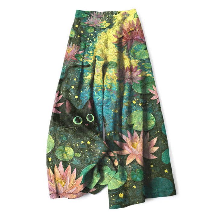 Buddha Stones Pantaloni da donna in cotone e lino con elastico in vita e gamba larga, fantasia floreale con gatto e loto, con tasche. - Verde oliva scuro - US16, UK/AU20, EU48 (3XL) - image 6