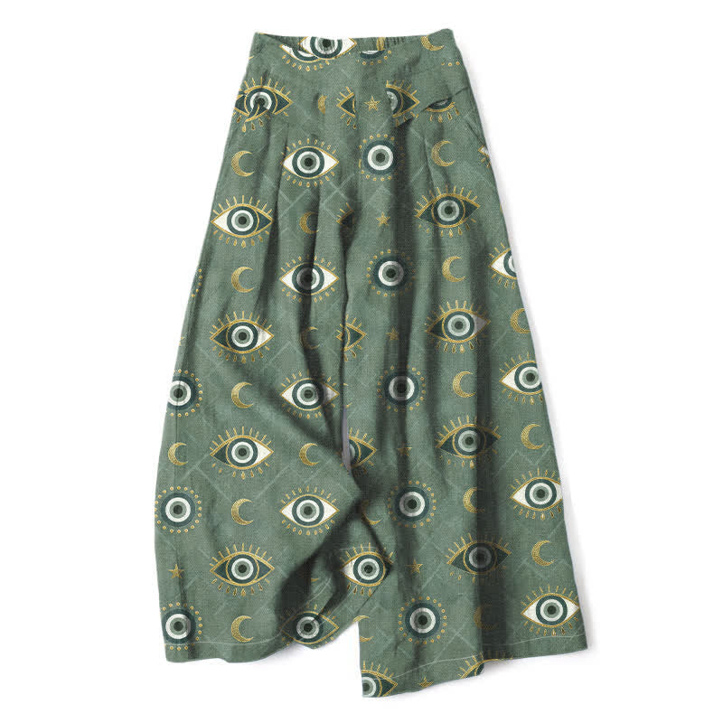 Buddha Stones Pantaloni da donna in cotone e lino con elastico in vita e gamba larga, fantasia occhio di Allah e luna, con tasche. - Verde oliva scuro - US16, UK/AU20, EU48 (3XL) - image 0