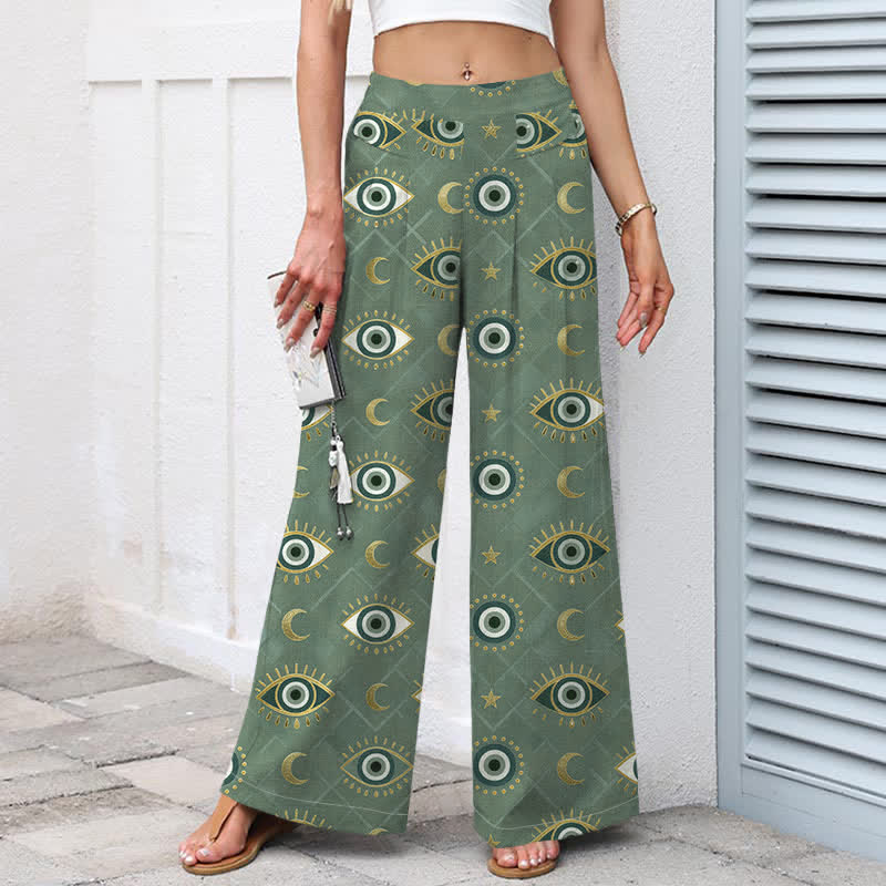 Buddha Stones Pantaloni da donna in cotone e lino con elastico in vita e gamba larga, fantasia occhio di Allah e luna, con tasche. - image 1
