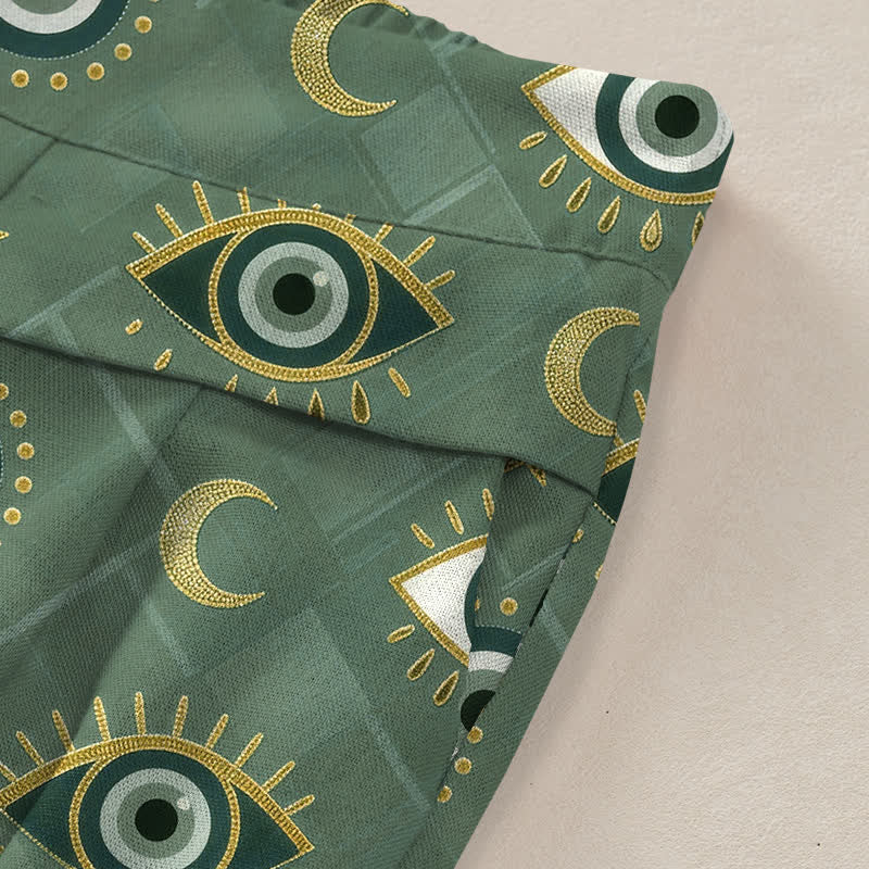 Buddha Stones Pantaloni da donna in cotone e lino con elastico in vita e gamba larga, fantasia occhio di Allah e luna, con tasche. - image 2