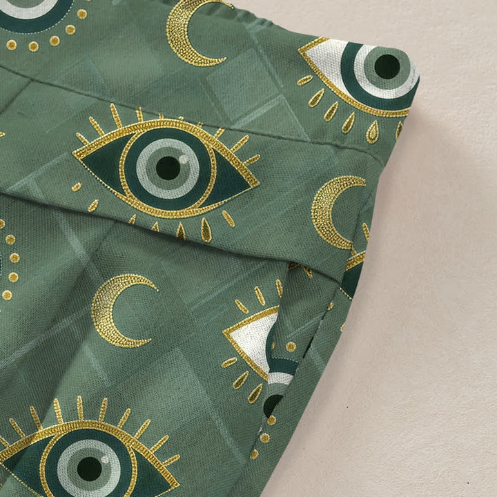 Buddha Stones Pantaloni da donna in cotone e lino con elastico in vita e gamba larga, fantasia occhio di Allah e luna, con tasche. - image 2