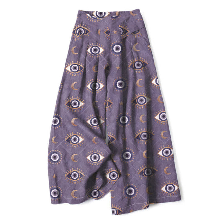Buddha Stones Pantaloni da donna in cotone e lino con elastico in vita e gamba larga, fantasia occhio di Allah e luna, con tasche. - Viola medio - US16, UK/AU20, EU48 (3XL) - image 4