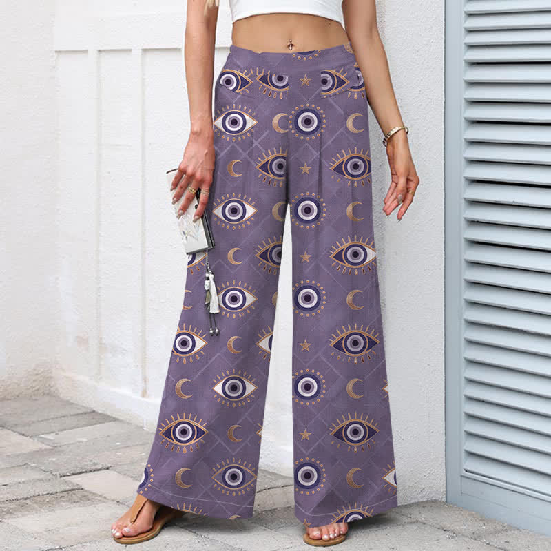 Buddha Stones Pantaloni da donna in cotone e lino con elastico in vita e gamba larga, fantasia occhio di Allah e luna, con tasche. - image 5