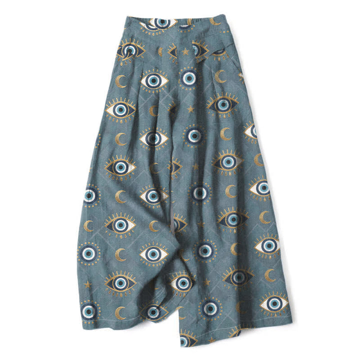 Buddha Stones Pantaloni da donna in cotone e lino con elastico in vita e gamba larga, fantasia occhio di Allah e luna, con tasche. - Blu acciaio chiaro - US16, UK/AU20, EU48 (3XL) - image 6