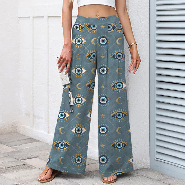 Buddha Stones Pantaloni da donna in cotone e lino con elastico in vita e gamba larga, fantasia occhio di Allah e luna, con tasche. - image 7