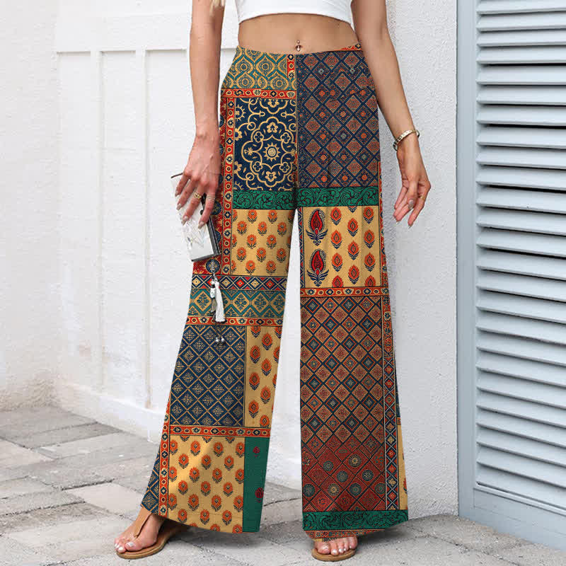 Buddha Stones Pantaloni da donna a gamba larga con elastico in vita e tasche, in cotone e lino, con fantasia floreale vintage. - image 1