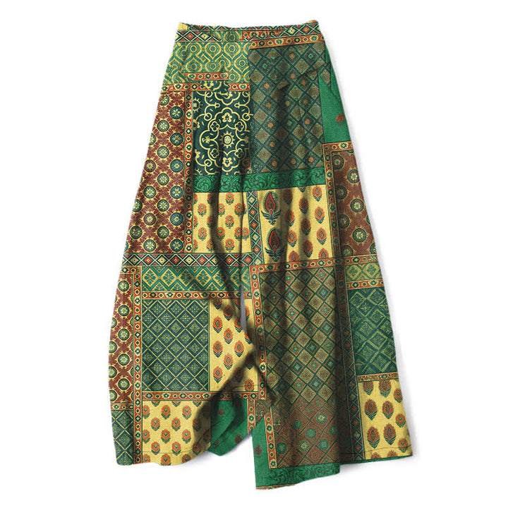 Buddha Stones Pantaloni da donna a gamba larga con elastico in vita e tasche, in cotone e lino, con fantasia floreale vintage. - Verde oliva scuro - US16, UK/AU20, EU48 (3XL) - image 6