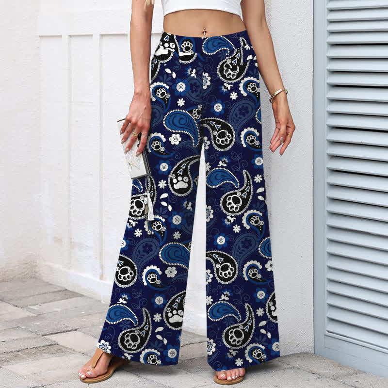 Buddha Stones Pantaloni da donna a gamba larga con elastico in vita e tasche, in cotone e lino, con fantasia floreale paisley vintage. - image 1