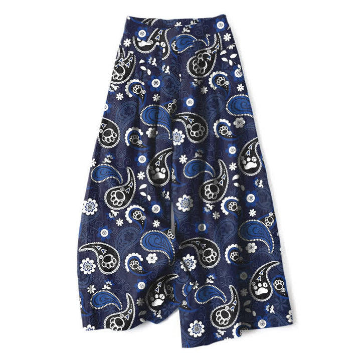 Buddha Stones Pantaloni da donna a gamba larga con elastico in vita e tasche, in cotone e lino, con fantasia floreale paisley vintage. - Marina - US16, UK/AU20, EU48 (3XL) - image 0