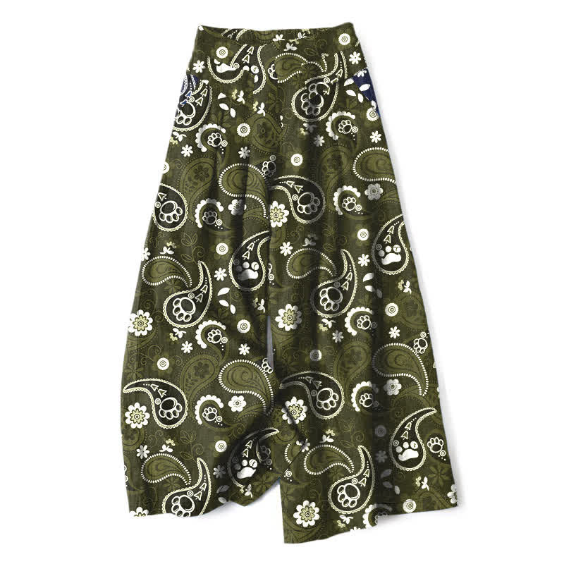 Buddha Stones Pantaloni da donna a gamba larga con elastico in vita e tasche, in cotone e lino, con fantasia floreale paisley vintage. - Verde oliva scuro - US16, UK/AU20, EU48 (3XL) - image 6