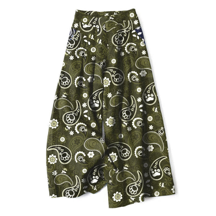 Buddha Stones Pantaloni da donna a gamba larga con elastico in vita e tasche, in cotone e lino, con fantasia floreale paisley vintage. - Verde oliva scuro - US16, UK/AU20, EU48 (3XL) - image 6
