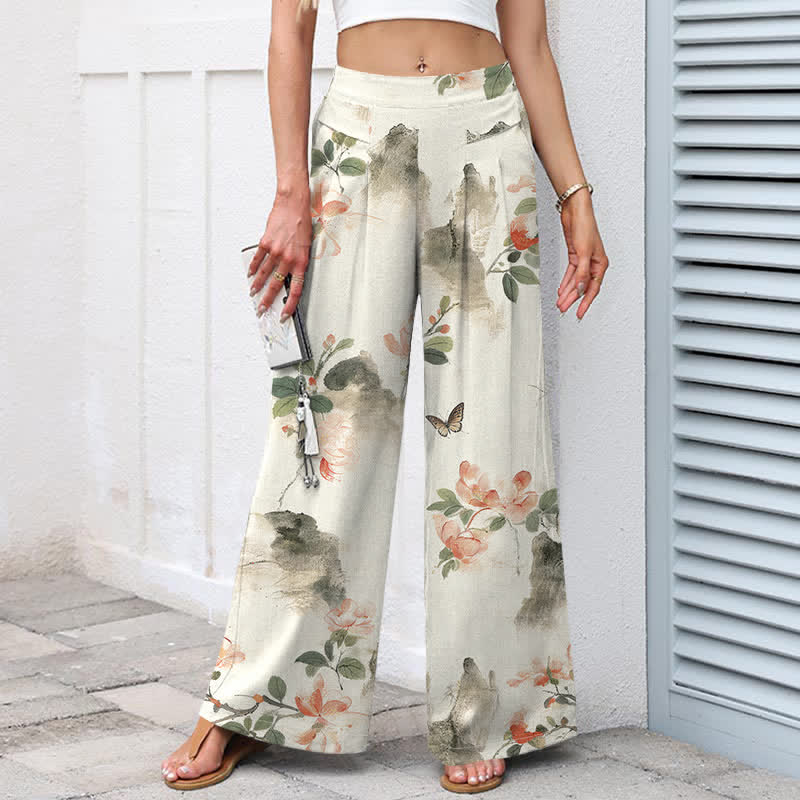 Buddha Stones Pantaloni da donna a gamba larga con elastico in vita e tasche, in cotone e lino, con fantasia floreale vintage. - image 1