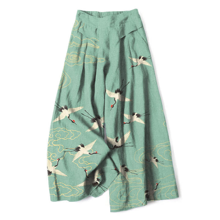 Buddha Stones Pantaloni da donna a gamba larga con elastico in vita e tasche, in cotone e lino, con fantasia vintage gru e nuvole. - Acquamarina media - US16, UK/AU20, EU48 (3XL) - image 0