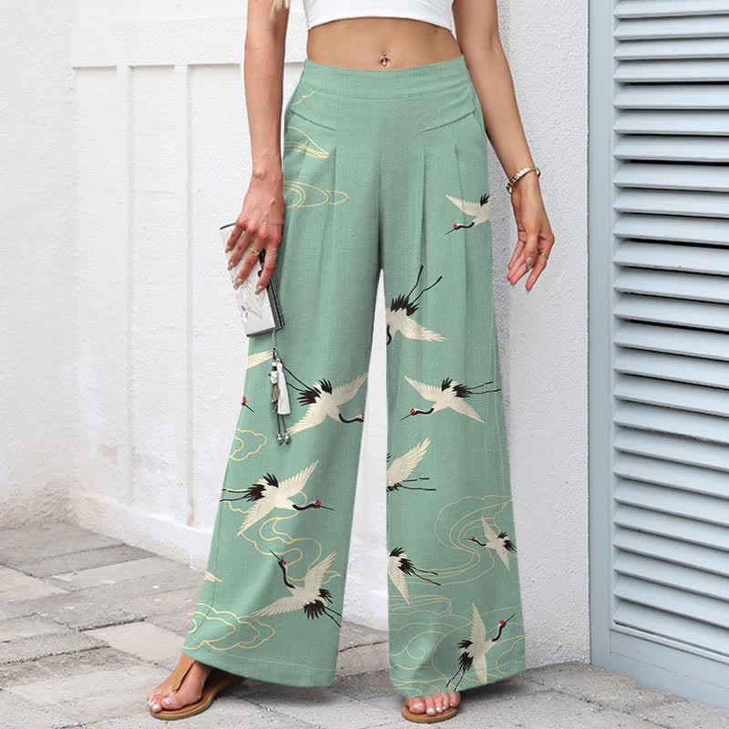 Buddha Stones Pantaloni da donna a gamba larga con elastico in vita e tasche, in cotone e lino, con fantasia vintage gru e nuvole. - image 1