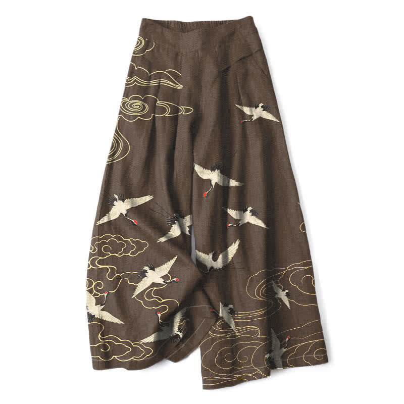 Buddha Stones Pantaloni da donna a gamba larga con elastico in vita e tasche, in cotone e lino, con fantasia vintage gru e nuvole. - Marrone sella - US16, UK/AU20, EU48 (3XL) - image 4