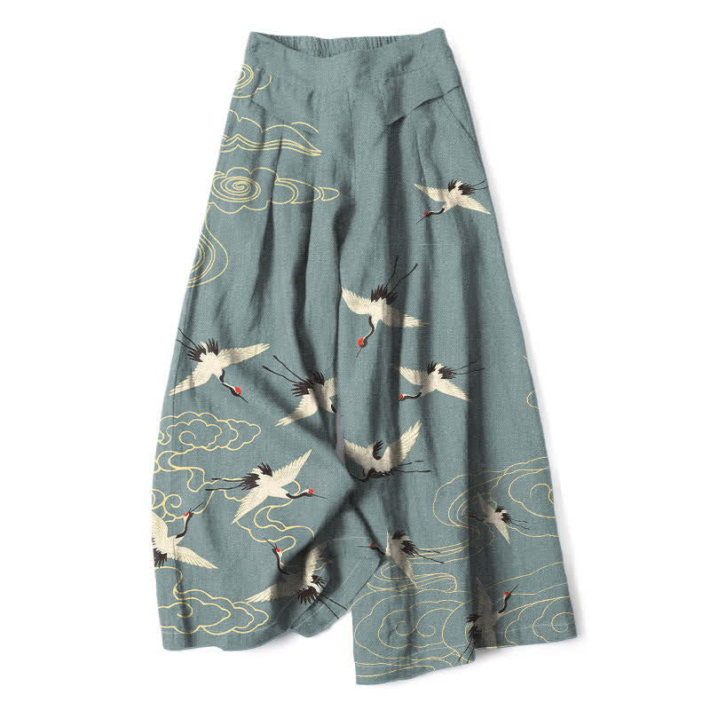 Buddha Stones Pantaloni da donna a gamba larga con elastico in vita e tasche, in cotone e lino, con fantasia vintage gru e nuvole. - Grigio ardesia - US16, UK/AU20, EU48 (3XL) - image 6