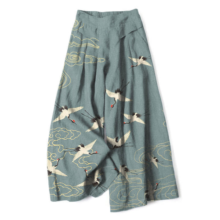 Buddha Stones Pantaloni da donna a gamba larga con elastico in vita e tasche, in cotone e lino, con fantasia vintage gru e nuvole. - Grigio ardesia - US16, UK/AU20, EU48 (3XL) - image 6