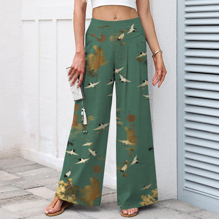 Buddha Stones Pantaloni da donna in cotone e lino bianchi con fantasia floreale a gru, vita elasticizzata e gamba larga, con tasche. - image 1