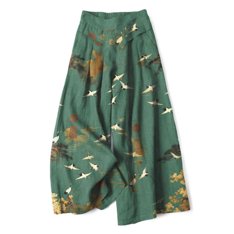 Buddha Stones Pantaloni da donna in cotone e lino bianchi con fantasia floreale a gru, vita elasticizzata e gamba larga, con tasche. - Verde mare - US16, UK/AU20, EU48 (3XL) - image 0