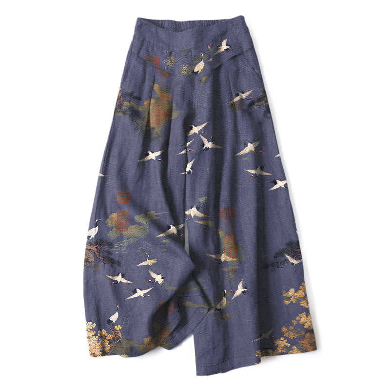 Buddha Stones Pantaloni da donna in cotone e lino bianchi con fantasia floreale a gru, vita elasticizzata e gamba larga, con tasche. - Viola medio - US16, UK/AU20, EU48 (3XL) - image 4