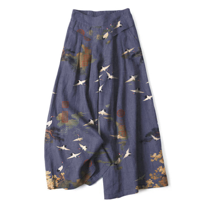 Buddha Stones Pantaloni da donna in cotone e lino bianchi con fantasia floreale a gru, vita elasticizzata e gamba larga, con tasche. - Viola medio - US16, UK/AU20, EU48 (3XL) - image 4