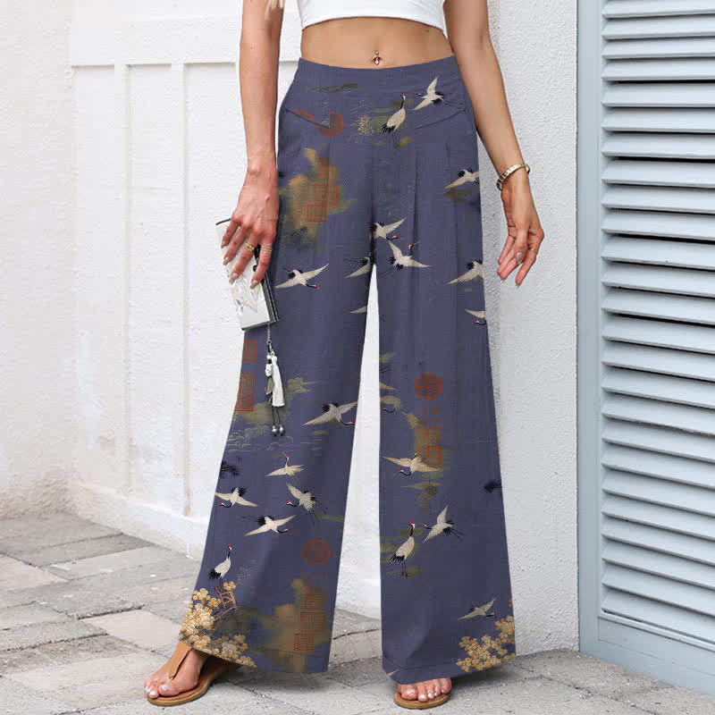 Buddha Stones Pantaloni da donna in cotone e lino bianchi con fantasia floreale a gru, vita elasticizzata e gamba larga, con tasche. - image 5