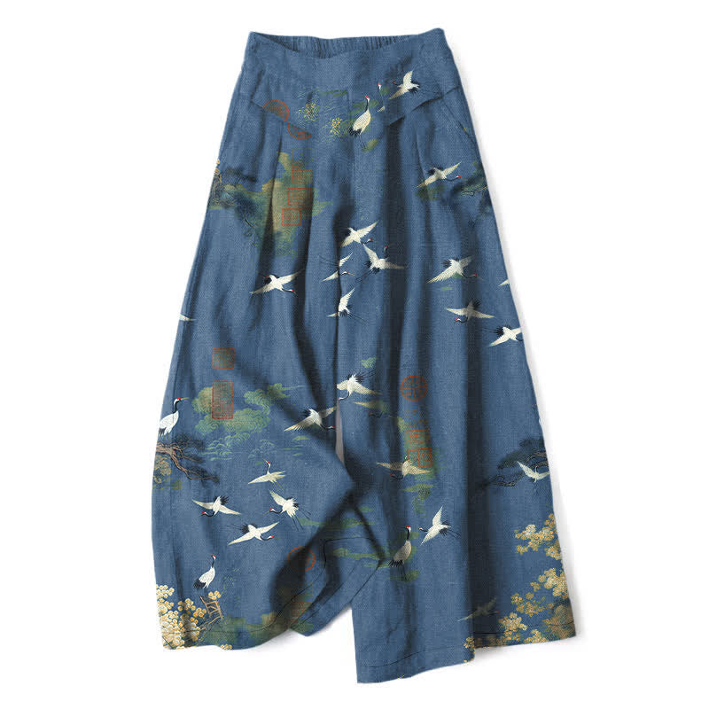 Buddha Stones Pantaloni da donna in cotone e lino bianchi con fantasia floreale a gru, vita elasticizzata e gamba larga, con tasche. - SteelBlue - US16, UK/AU20, EU48 (3XL) - image 6