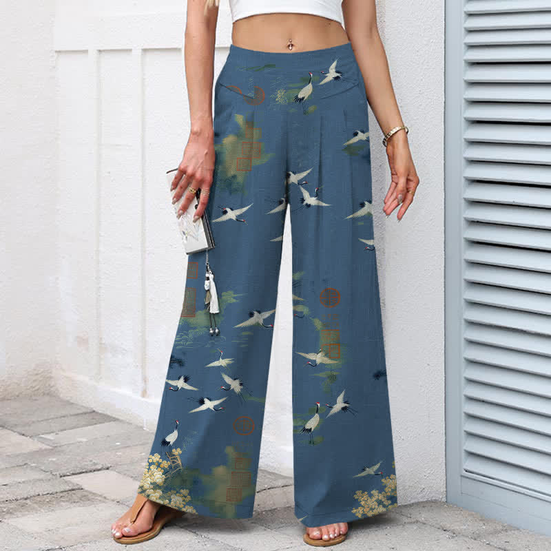 Buddha Stones Pantaloni da donna in cotone e lino bianchi con fantasia floreale a gru, vita elasticizzata e gamba larga, con tasche. - image 7