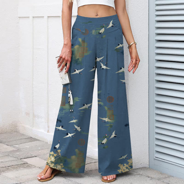Buddha Stones Pantaloni da donna in cotone e lino bianchi con fantasia floreale a gru, vita elasticizzata e gamba larga, con tasche. - image 7